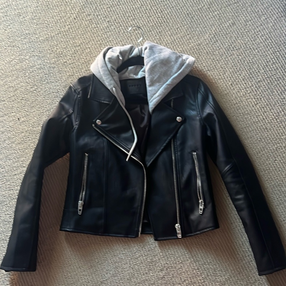 Moto jacket with removable hoodie